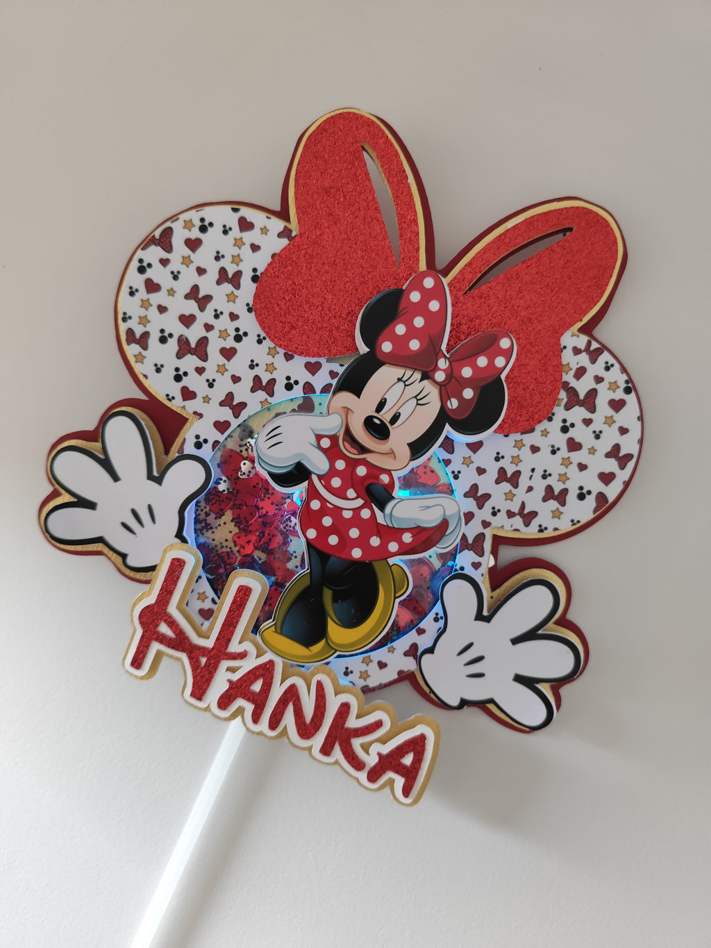 Minnie Mouse – červený LED zapich na tortu s menom