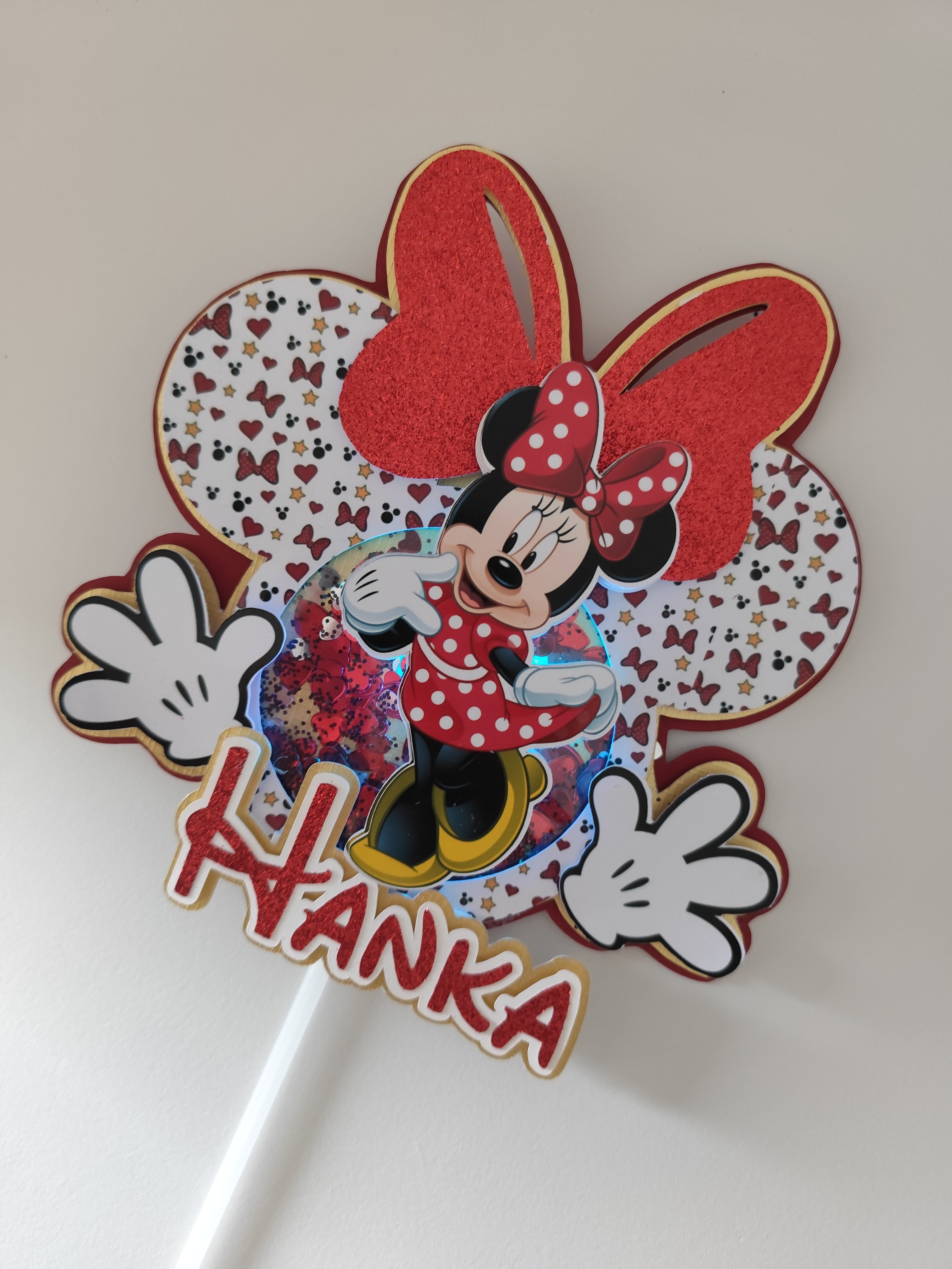 Minnie Mouse – červený LED zapich na tortu s menom