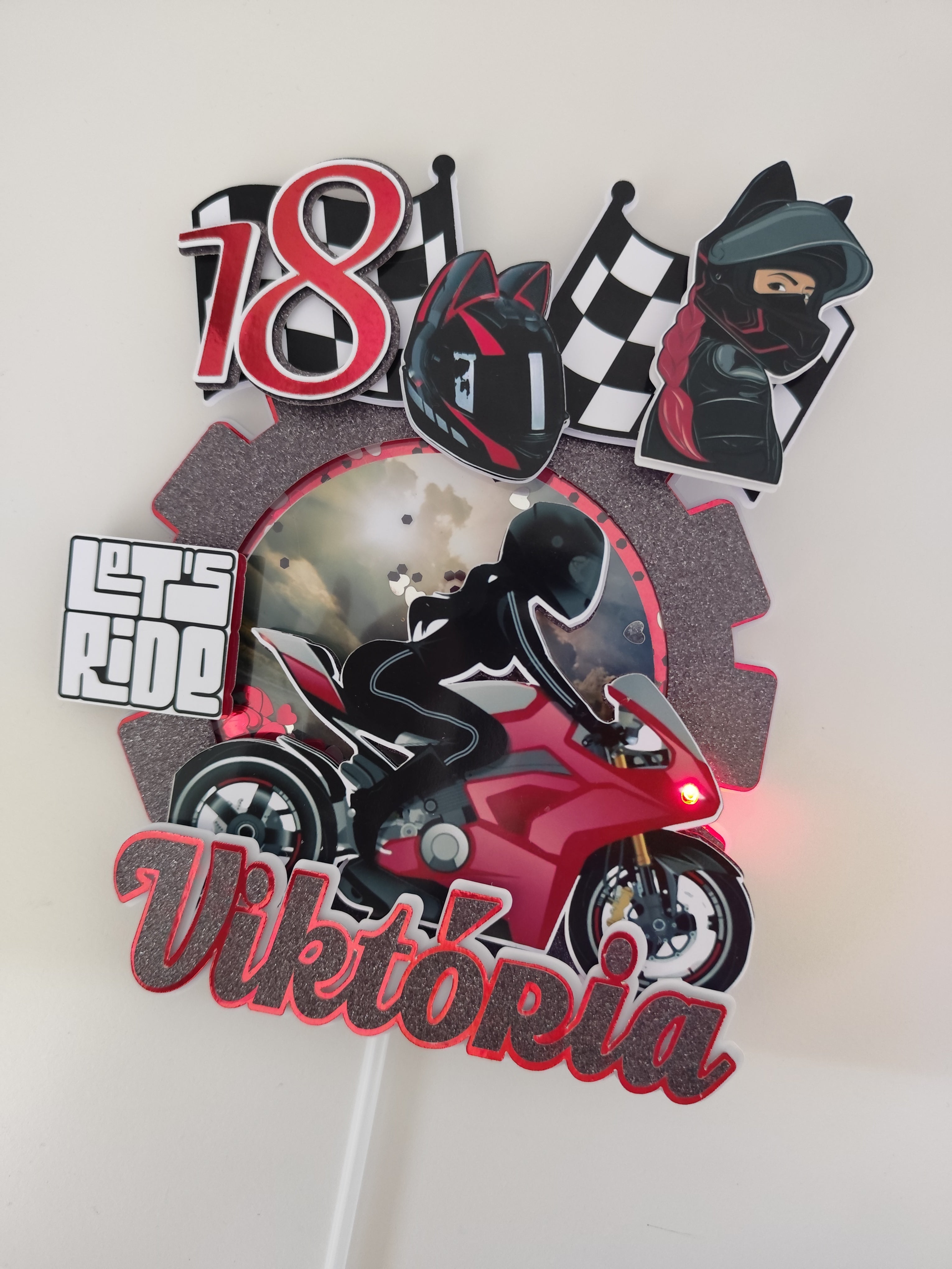 Dámska motorka – svietiaci LED zapich na tortu s menom