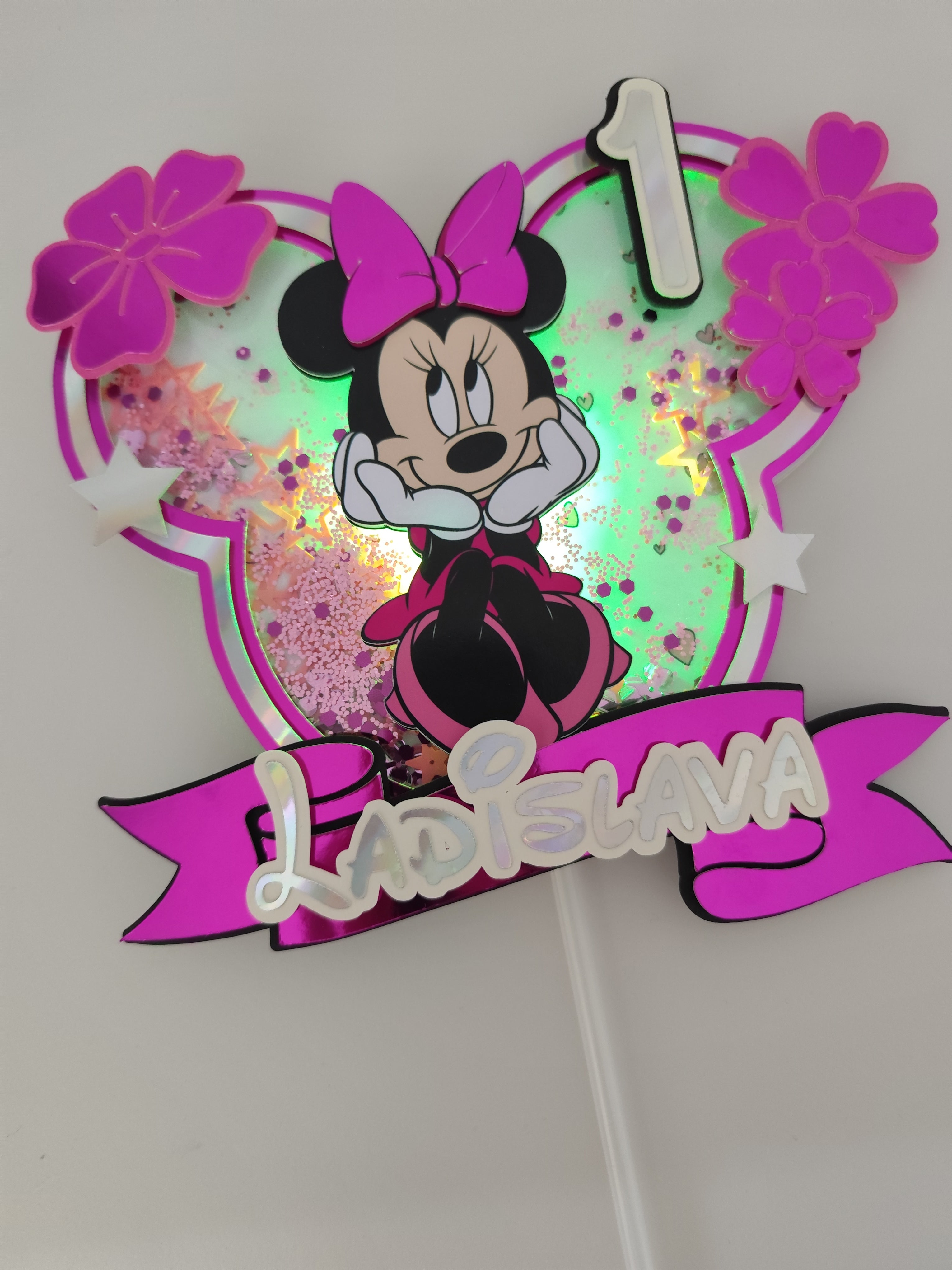 💗 Minnie Mouse – ružový LED zapich na tortu s menom