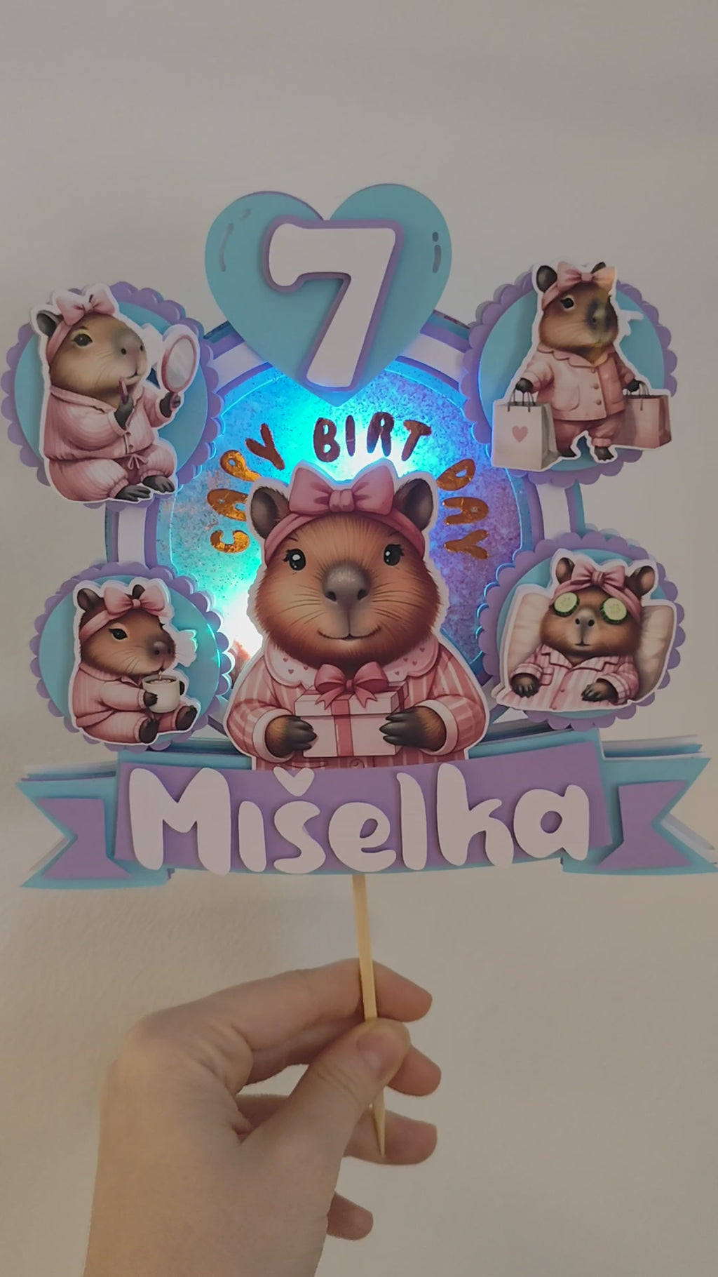 Modrá Capybara – svietiaci LED zapich na tortu s menom